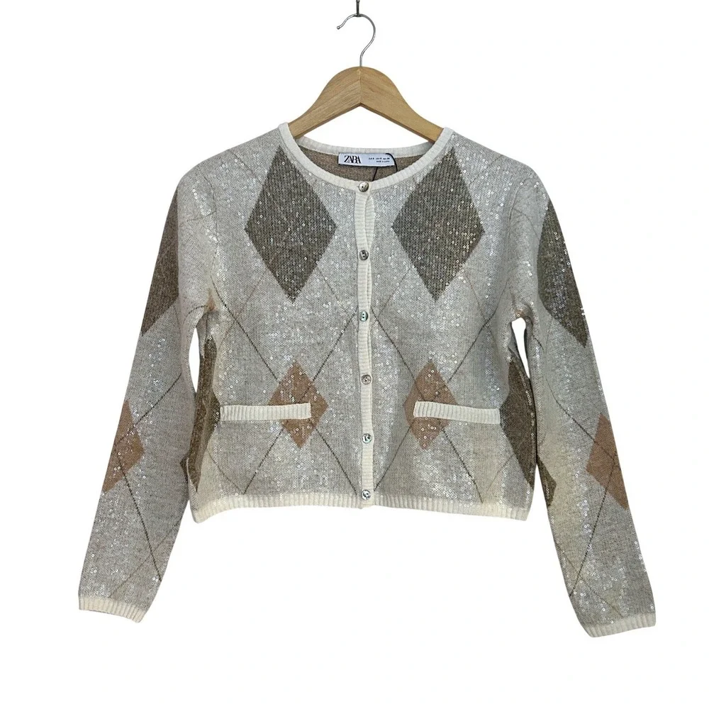 Zara Women Argyle Sequin Cropped Cardigan Sweater Tan Cream Wool Blend Small
